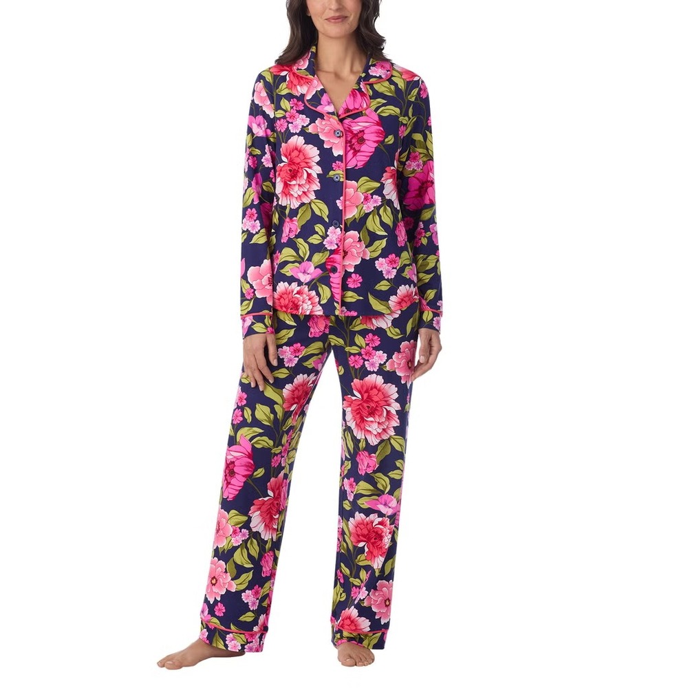 Room Service Women's 2-Piece Shawl Collar Pajama Set, Blue Floral, Size: Large